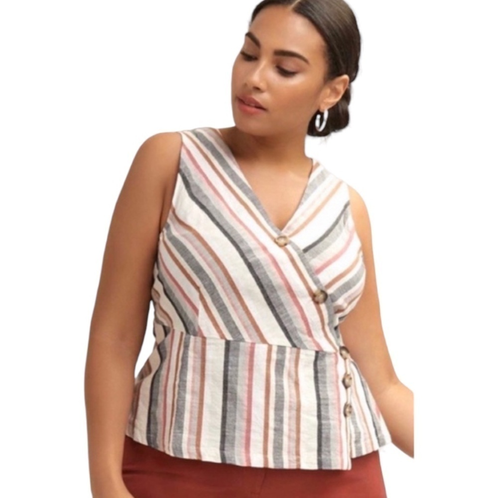 𝅺LOVE & LEGEND Faux Wrap Cotton Sleeveless Stripe V-Neck Top Sz 3X